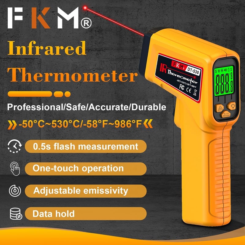 FKM Infrared Thermometer Gun Non-Contact Laser Temperature Gun,-58°F~986°F(-50°C~530°C) AdjustableEmissivity,Digital Thermometer Gun for Industrial,Kitchen Cooking,Oven,Automotive,HVAC,Not for Human - Image 2